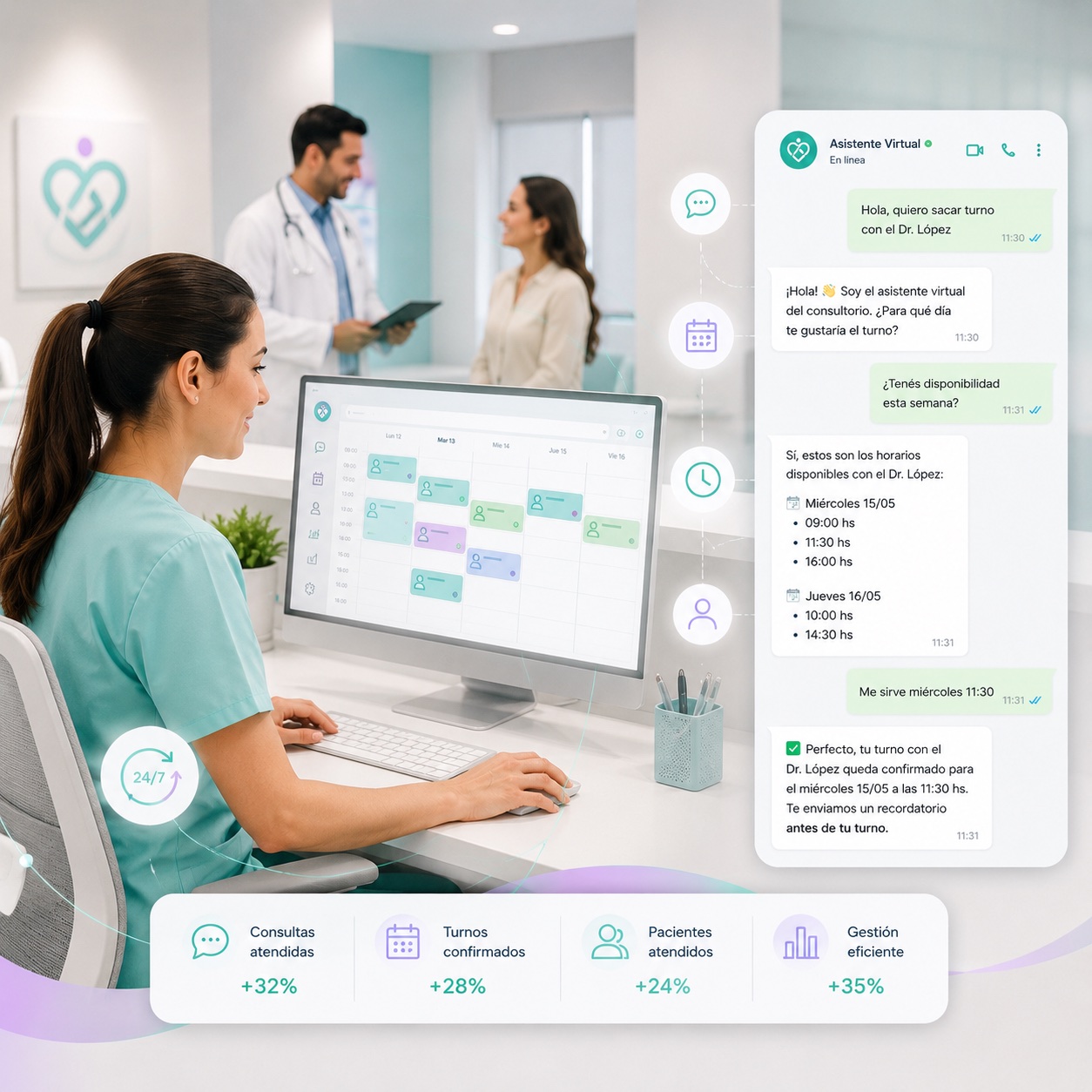 Recepción médica gestionando turnos con agenda digital y WhatsApp